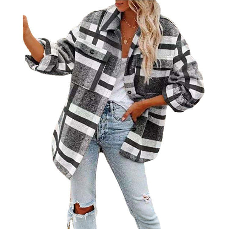 Damen nan karierte Overshirtjacke mit Brusttaschen und lockerer Passform