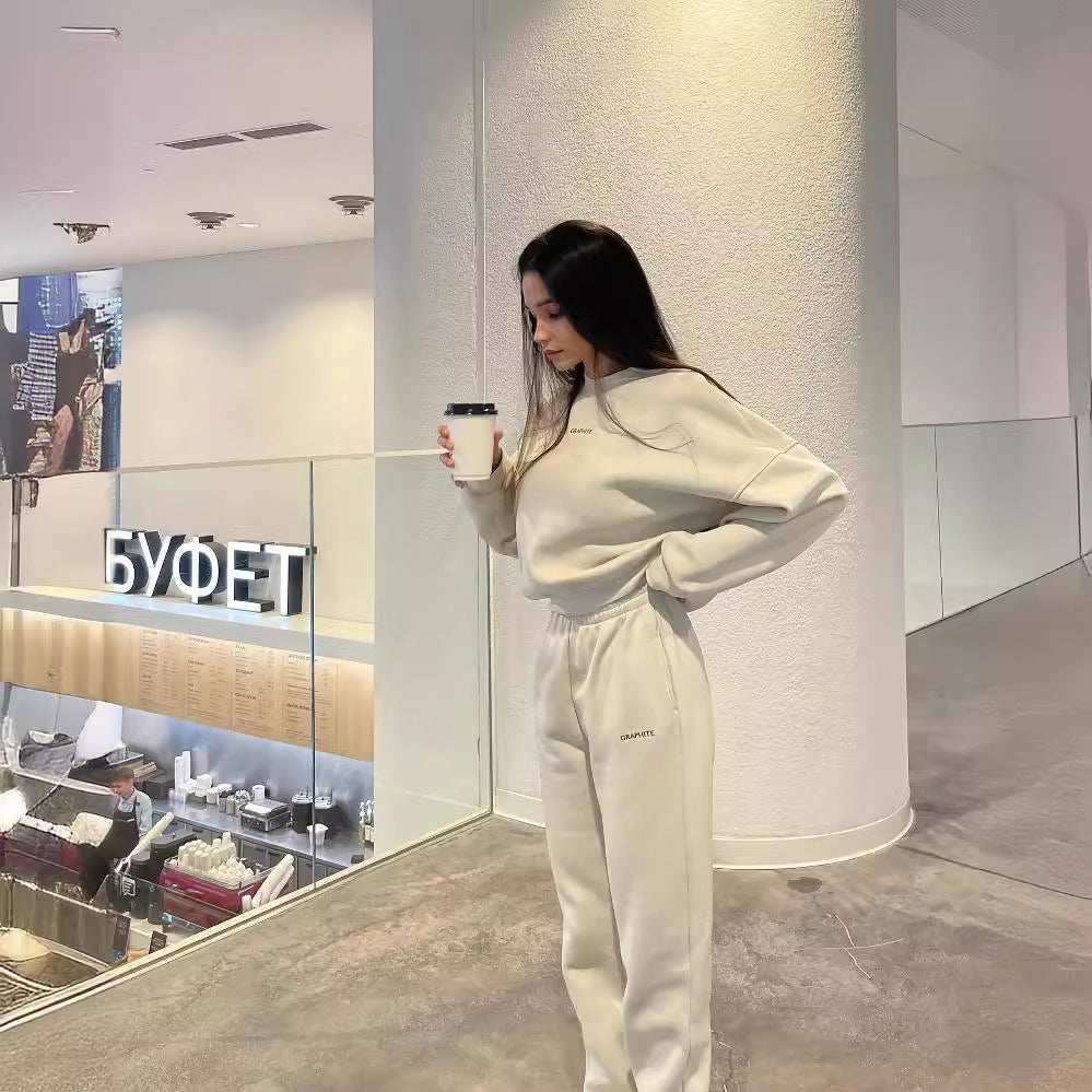 Damen nan Oversized kurz geschnittenes Sweatshirt mit High Waist Fleece Jogginghose Set