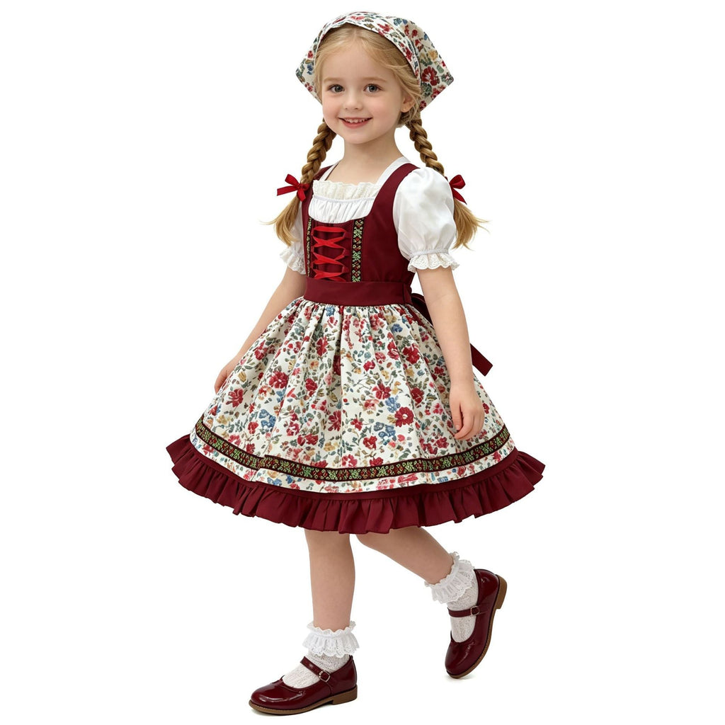 Damen nan traditionelles Kinderdirndl mit Schürze Haarband Spitzenbluse und Zierschnürung