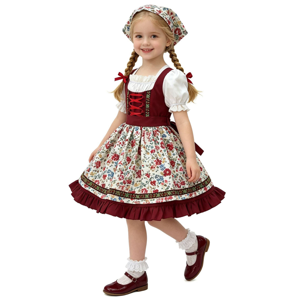 Damen nan traditionelles Kinderdirndl mit Schürze Haarband Spitzenbluse und Zierschnürung