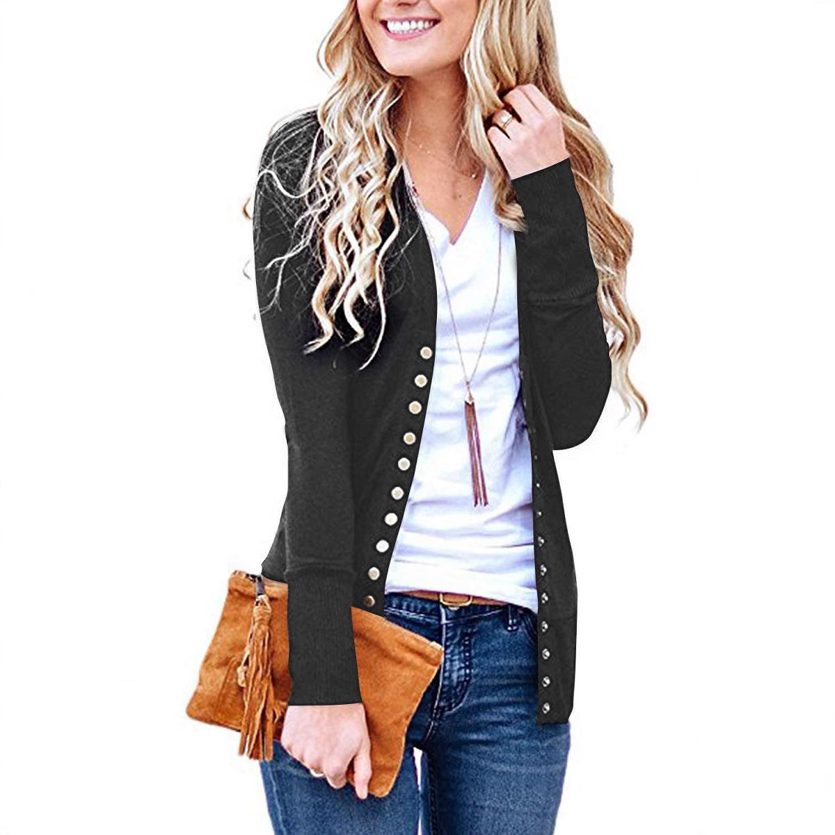 Damen nan Feinstrick-Cardigan mit dekorativen Metallknöpfen und schmaler Silhouette