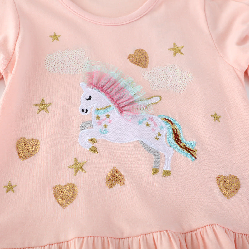 Mädchen Sweatkleid mit buntem Einhorn-Design und Glitzerapplikationen