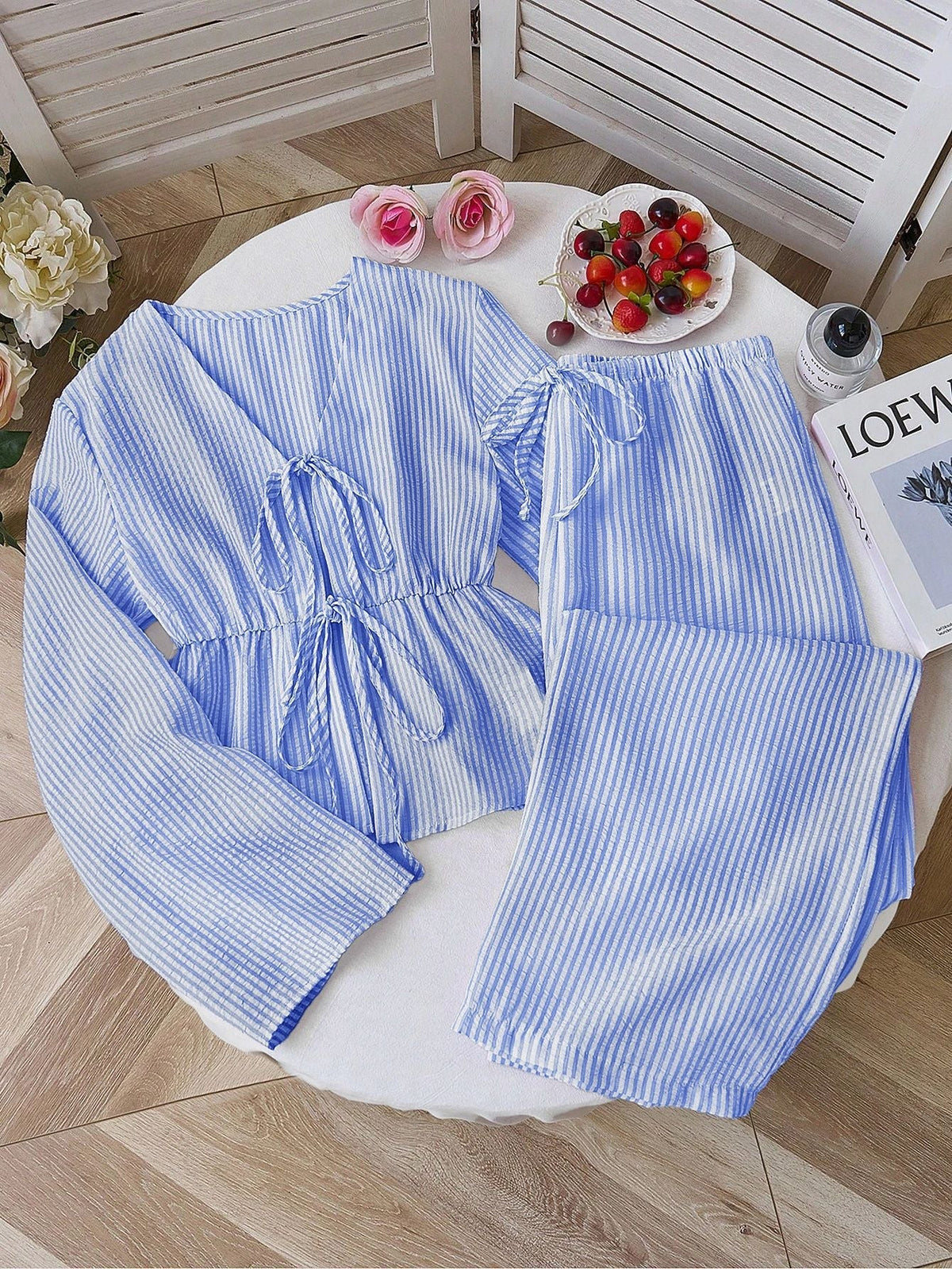 Damen nan gestreiftes Leinenähnliches Homewear-Set mit gerafftem Tunnelzugoberteil und elastischer Bundhose