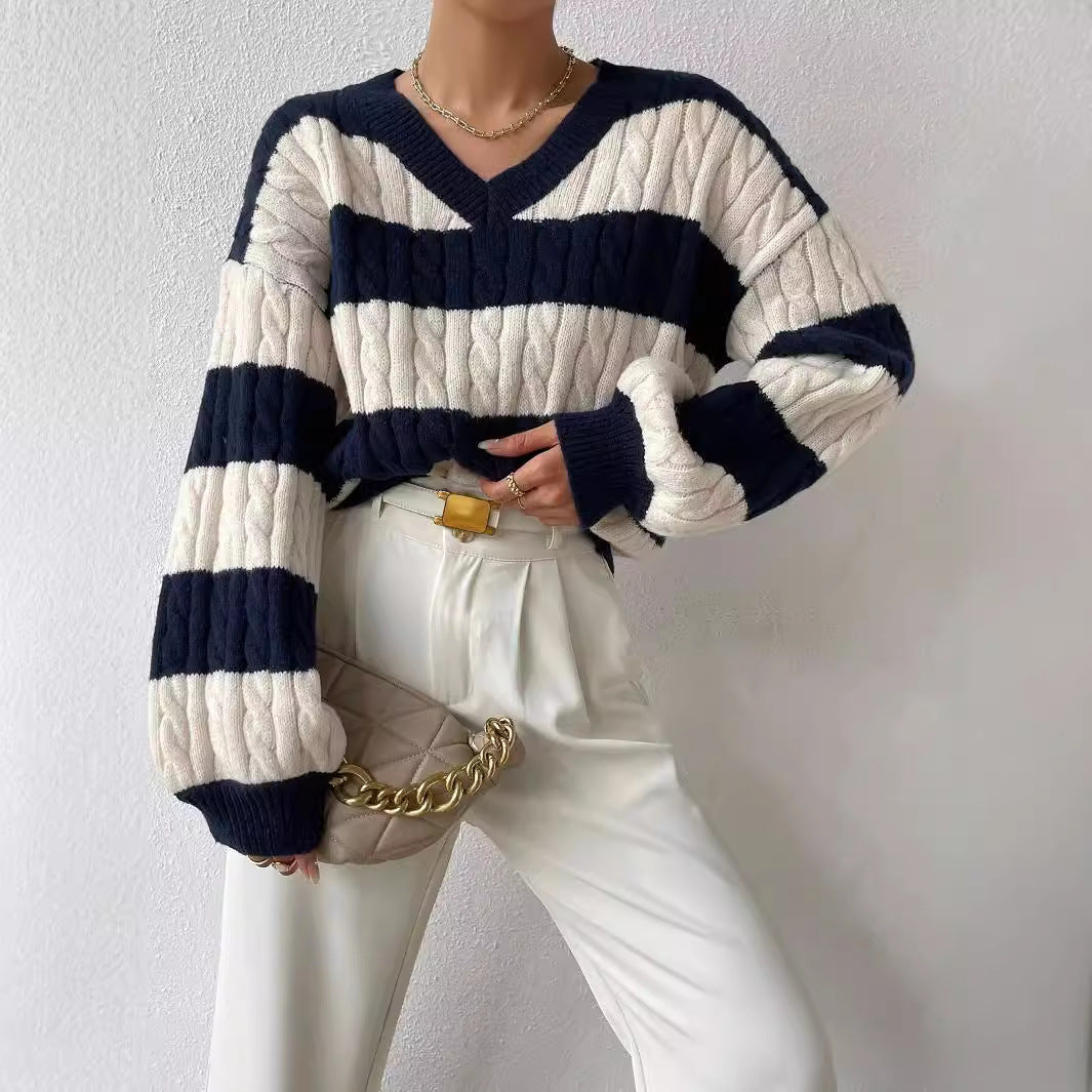 Damen nan gestreifter Grobstrick-Pullover mit Zopfmuster, tiefem V-Ausschnitt und oversized Passform