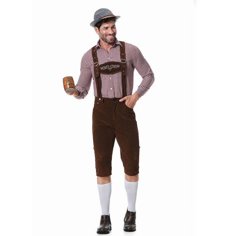 Herren nan kurze Trachtenlederhose in Veloursleder-Optik mit besticktem Brustlatz und verstellbaren Trägern