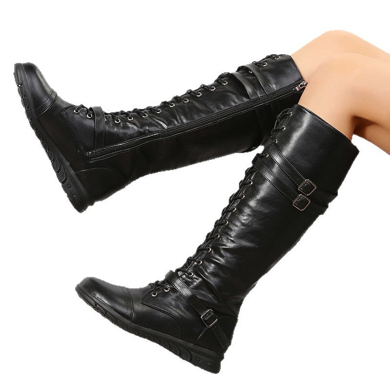 Damen nan kniehohe Military‑inspirierte Schnürstiefel mit seitlichem Reißverschluss verstellbaren Ziergurten und stoßdämpfender Profilsohle