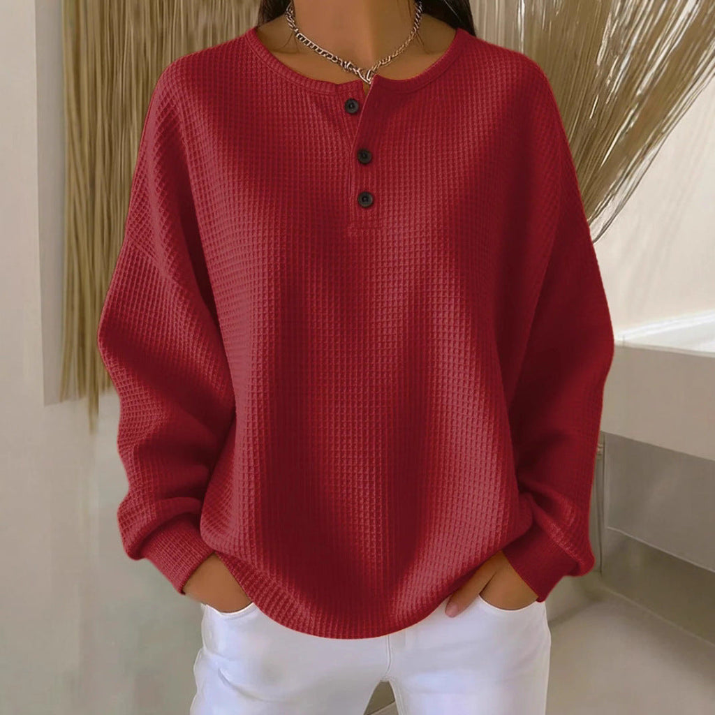 Damen nan Oversized Waffelstrick Henley-Pullover mit Knopfleiste und abgerundetem Saum