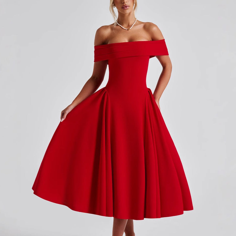 Damen Cocktailkleid mit schulterfreiem Design und voluminösem Rock Selmira