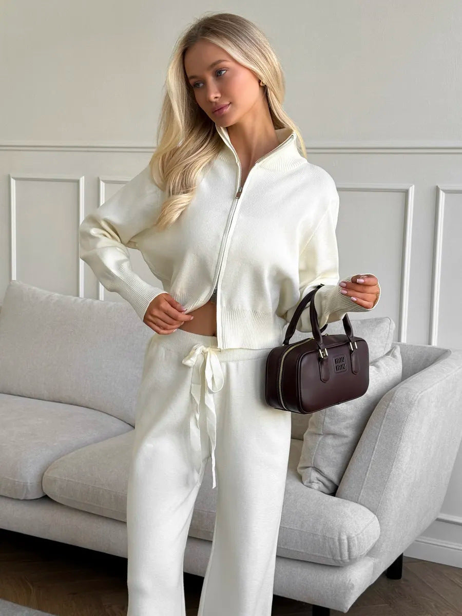 Damen nan gestricktes Loungewear-Zweiteiler mit kurzem Reißverschluss-Cardigan und weitem Highwaist-Hosenbein