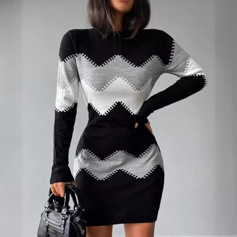 Damen nan Longsleeve-Strickkleid mit Chevron-Muster, geradem Saum und körperumspielender Passform