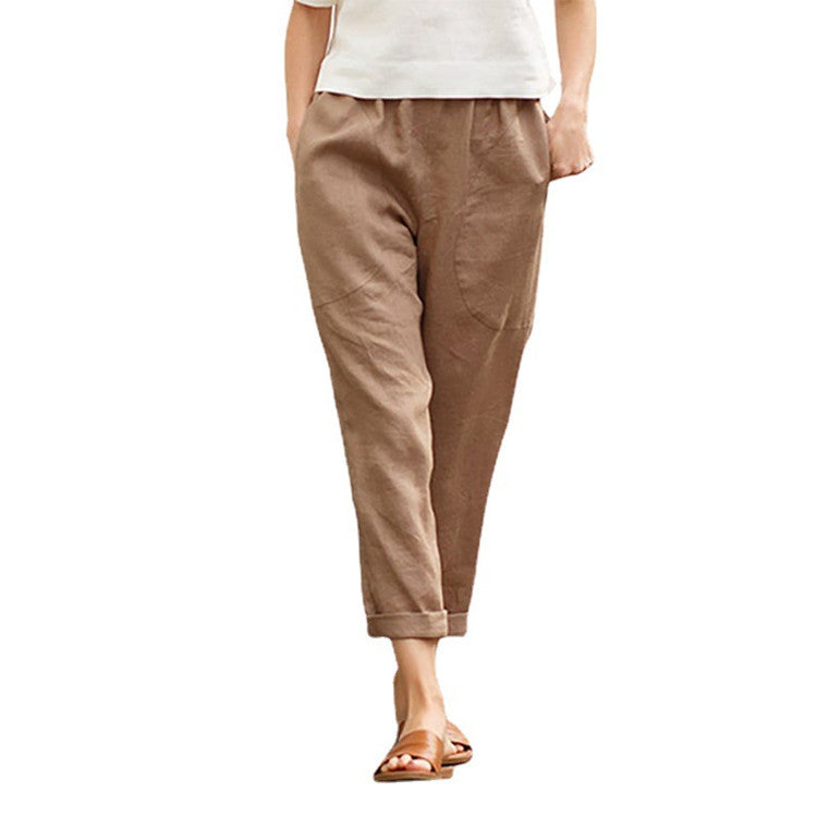 Damen nan leichte Leinenhose mit elastischem Bund, seitlichen Eingrifftaschen und gekrempeltem Saum