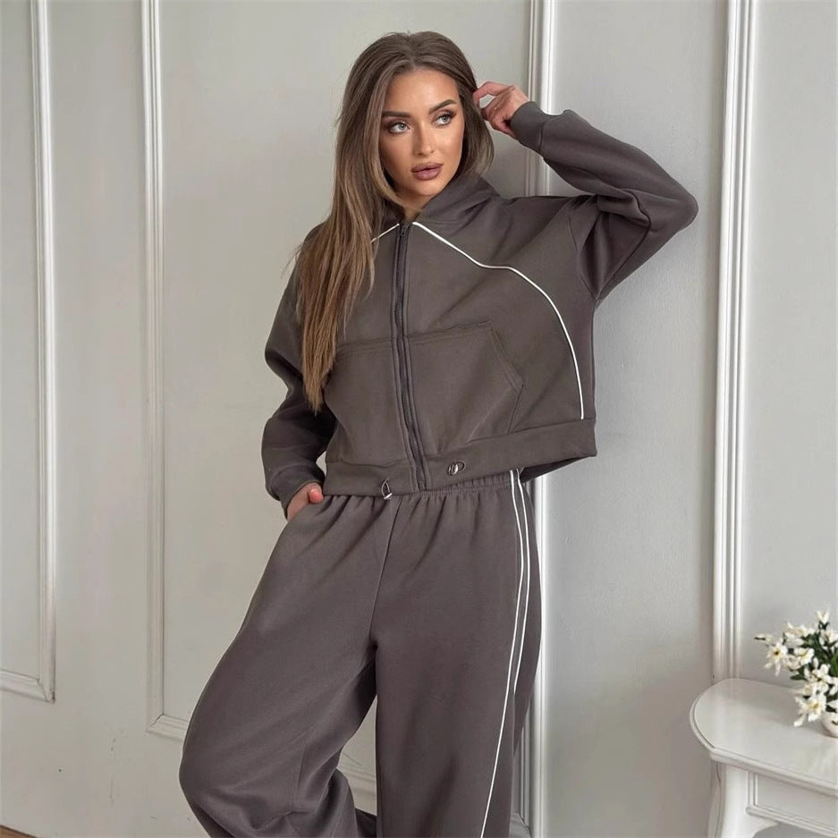 Damen nan Kapuzenjacke und weite Jogginghose Set mit kontrastnähten