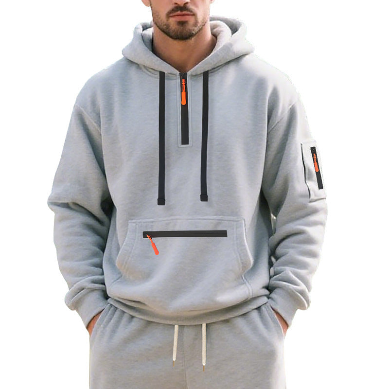Herren nan technischer Freizeit-Hoodie mit kurzem mittigem Reißverschluss, Reißverschluss-Kängurutasche und Ärmeltasche