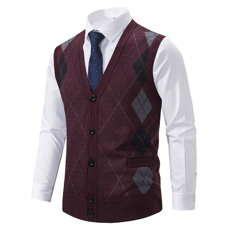 Herren nan ärmellose Strickweste mit Argyle-Muster, Teddyfutter und durchgehender Knopfleiste