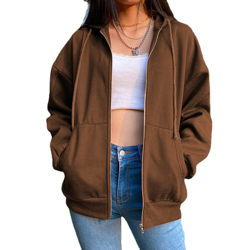Damen nan legerer Kapuzen-Zipper mit Oversize-Passform, Kängurutaschen und durchgehendem Reißverschluss