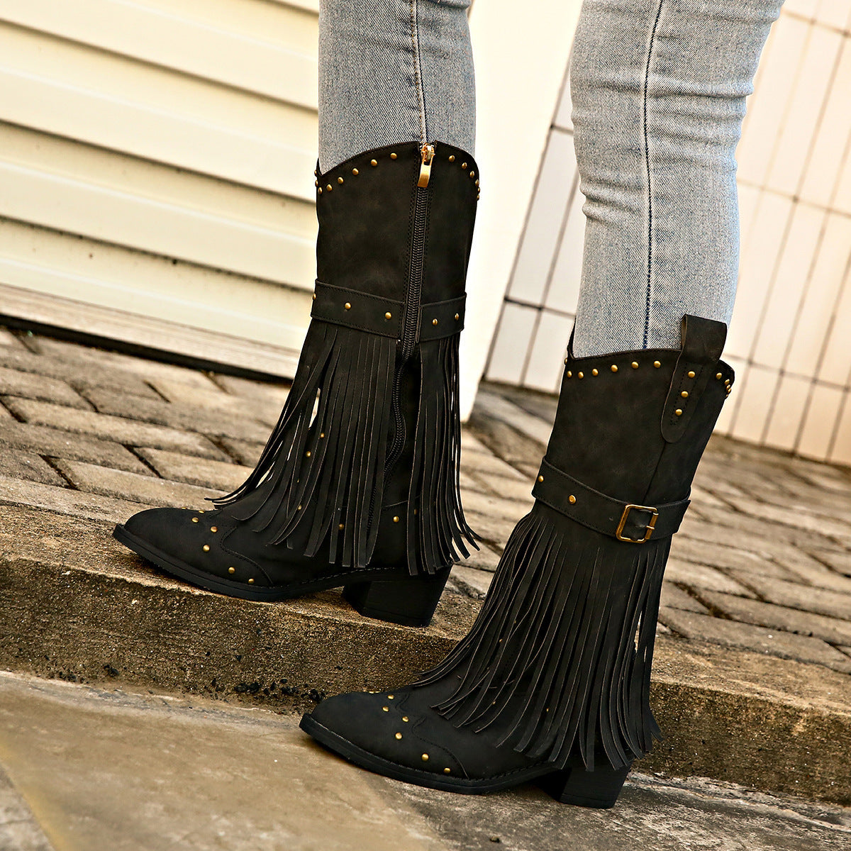 Damen nan Westernstiefel mit Fransen Nieten und Schnallenriemen