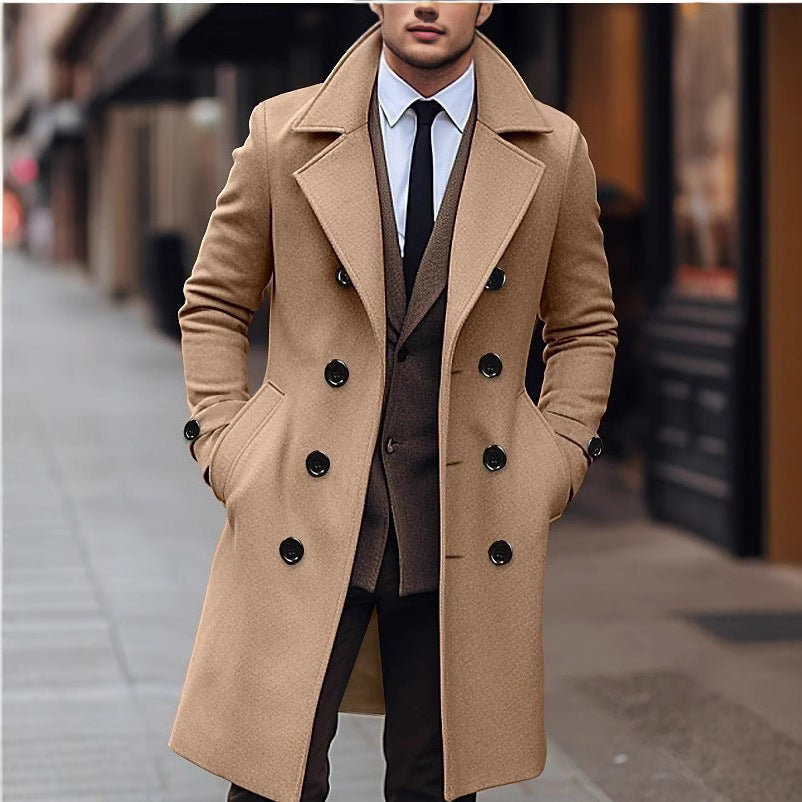 Herren nan eleganter doppelt geknöpfter Wollmantel mit breitem Revers und tailliertem Businessschnitt