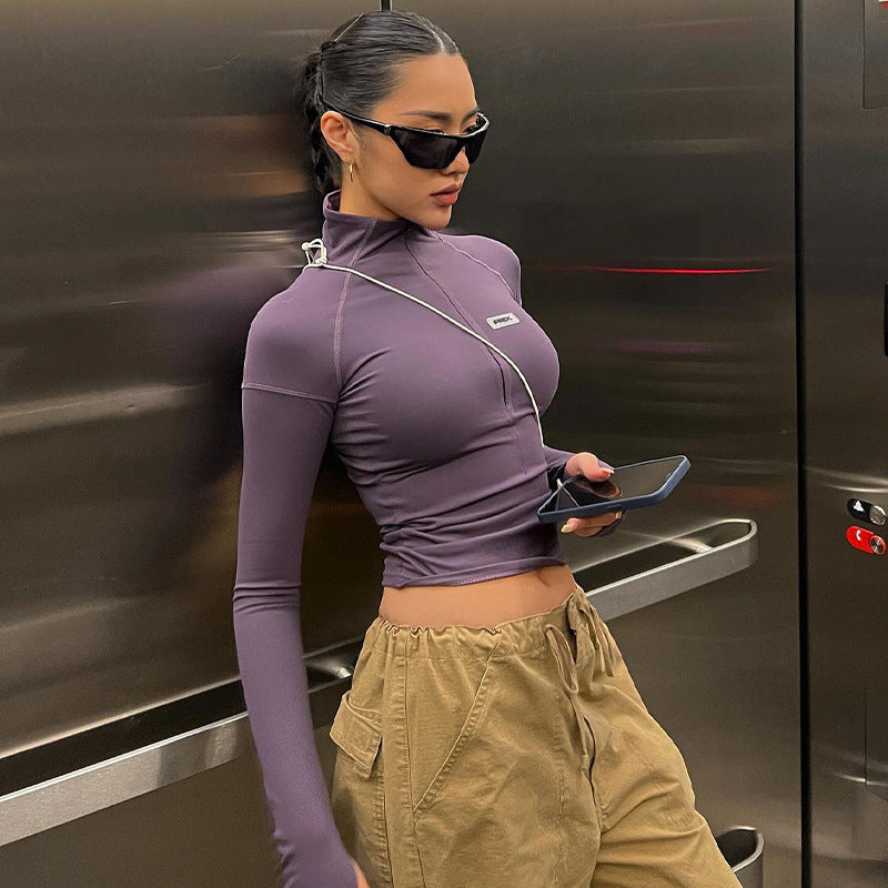 Damen nan figurbetontes Langarm-Zip-Top mit tiefem V-Ausschnitt und elastischem Funktionsstretch