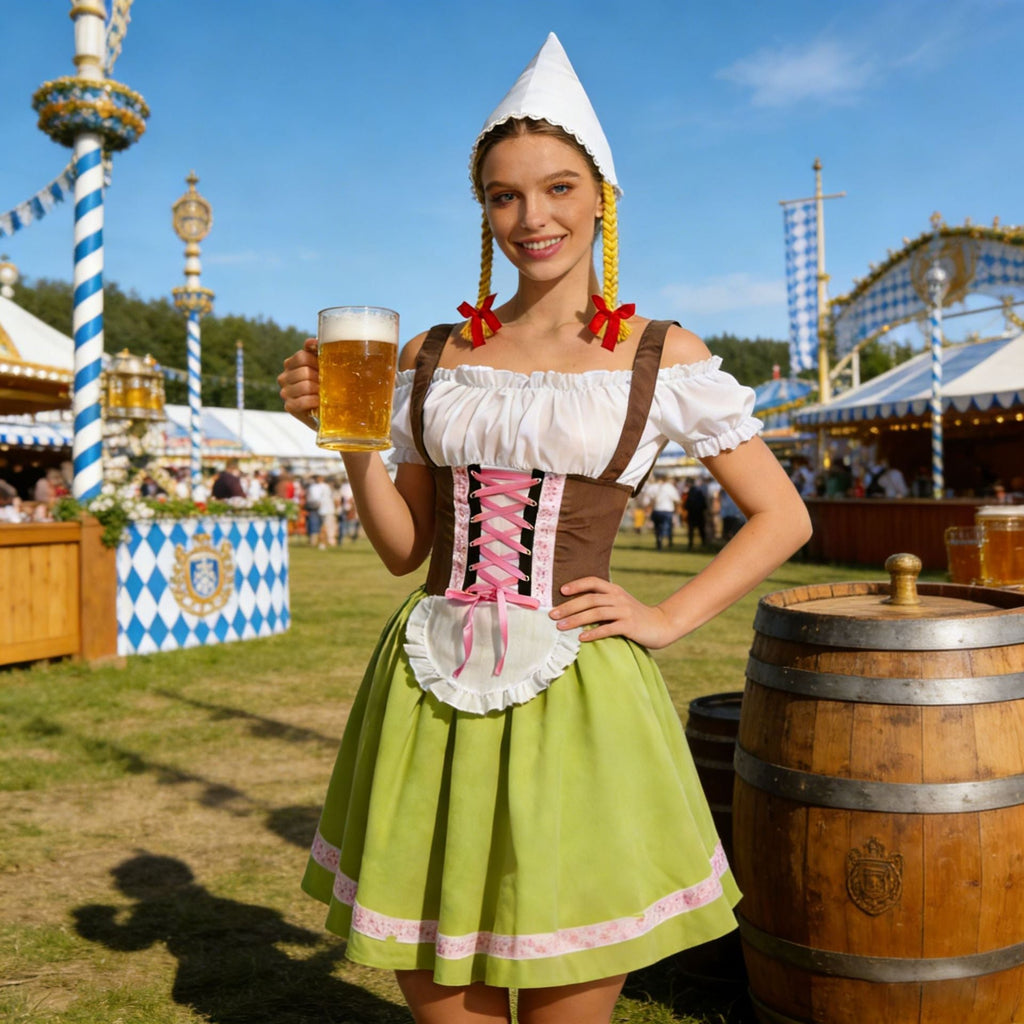 Damen nan traditionelles Dirndl-Kostüm mit Schnürung, Schürze und spitzem Kopftuch