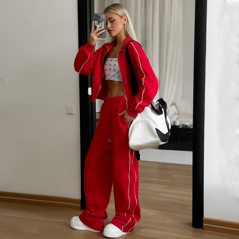 Damen nan kurzes Reißverschluss-Hoodie und hohe Taillen-Jogginghose Set mit dekorativer Seitenpaspel