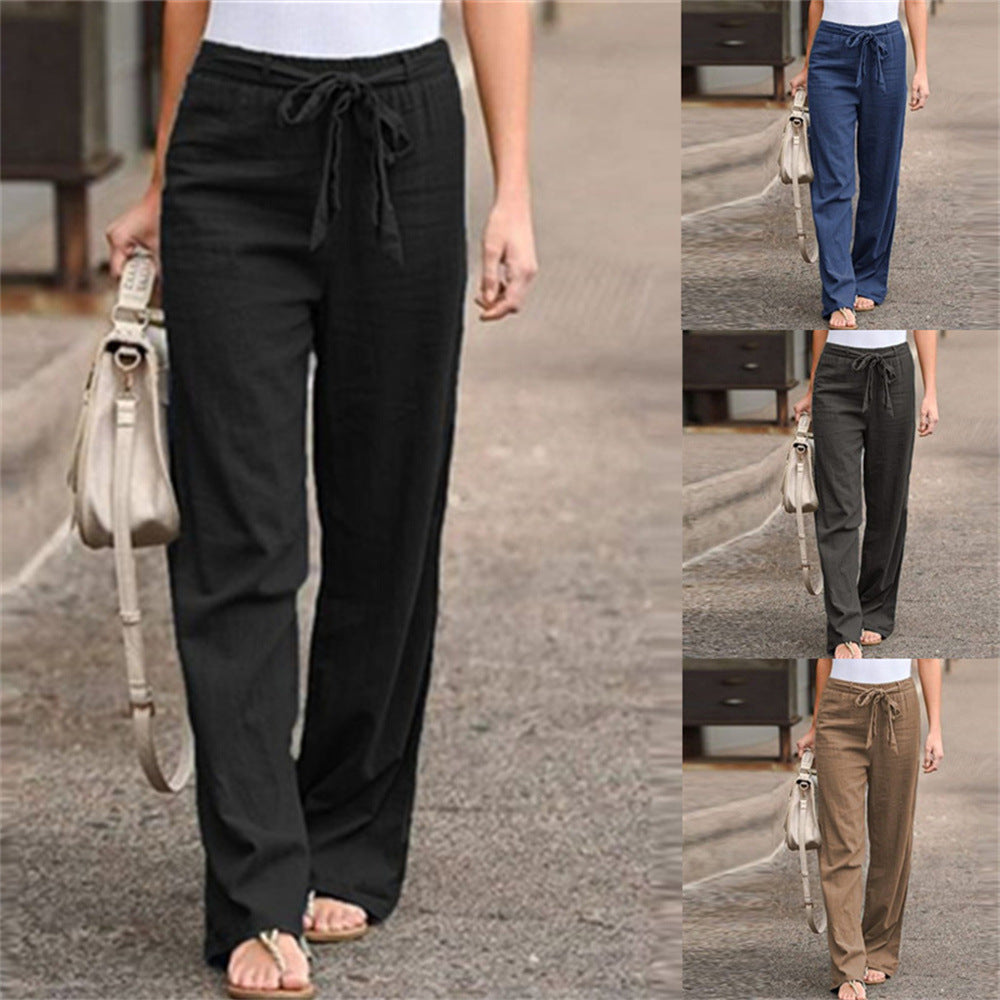 Damen nan weite Leinenhose mit Tunnelzugbund, geradem Bein und Eingrifftaschen
