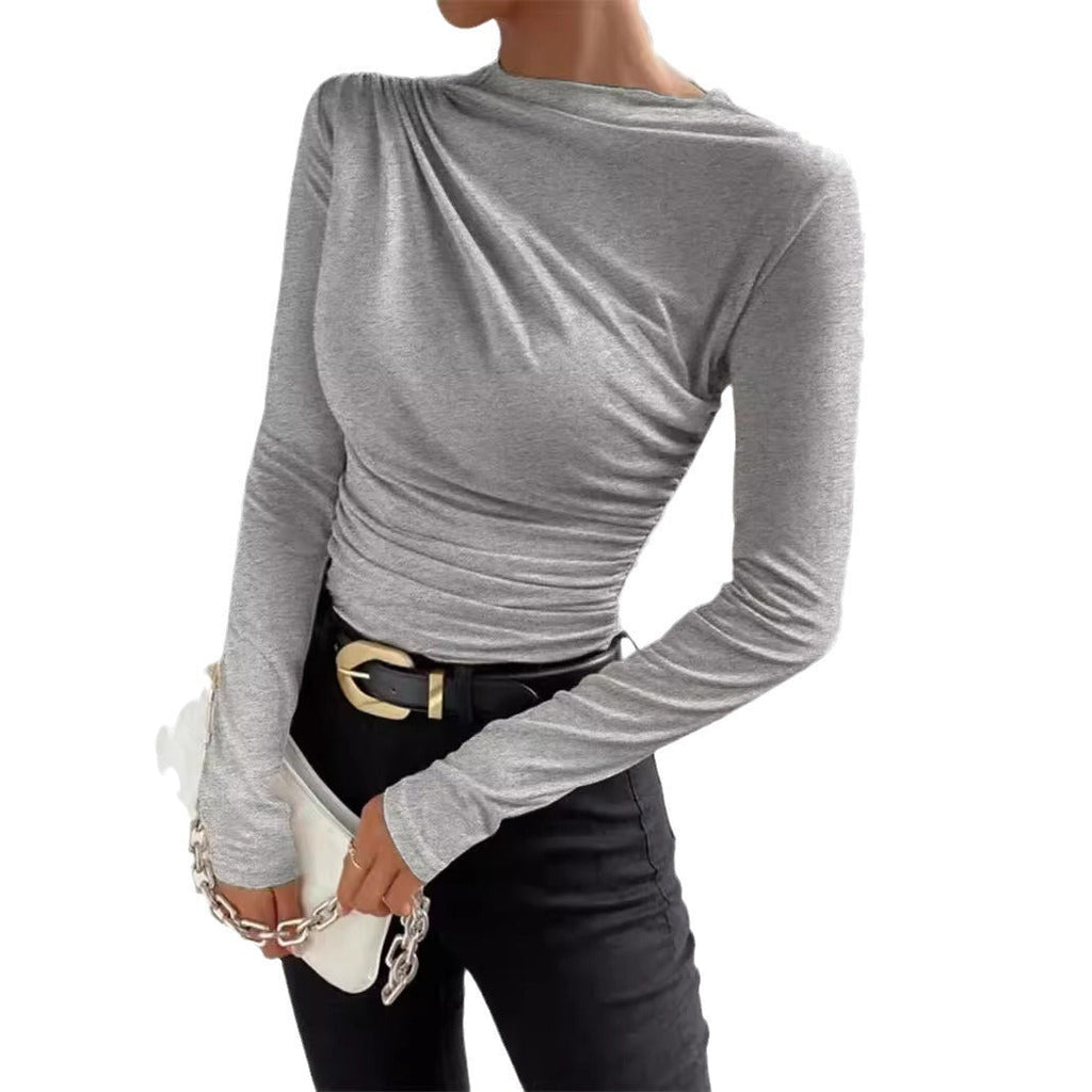 Damen nan gerafftes Langarmshirt mit asymmetrischem U-Boot-Ausschnitt und figurbetonter Silhouette