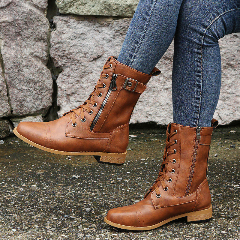 Damen nan knöchelhohe Schnürstiefel aus Lederimitat mit seitlichem Reißverschluss und strapazierfähiger Profilsohle