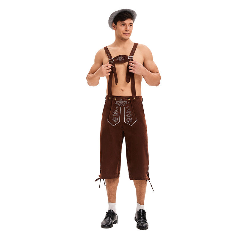 Herren nan knielange traditionelle Lederhose mit besticktem Brustlatz und verstellbaren Trägern