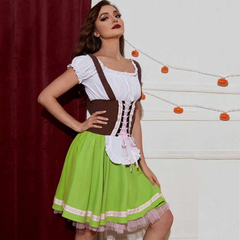 Damen nan Trachten-Festkleid mit figurbetonter Korsett-Schnürung, geraffter Carmenbluse und mehrlagigem Tellerrock