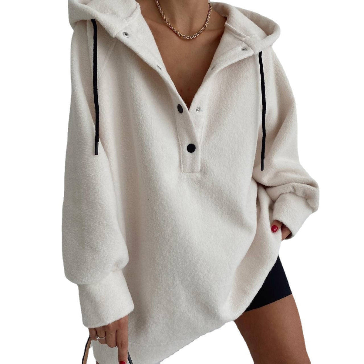 Damen nan kuscheliges Kapuzen-Fleece-Tunika-Sweatshirt mit Druckknopfleiste und überschnittener Schulter