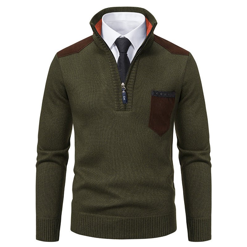 Herren nan Feinstrick-Halbzip-Pullover mit Stehkragen, Brusttasche und Schulterbesatz