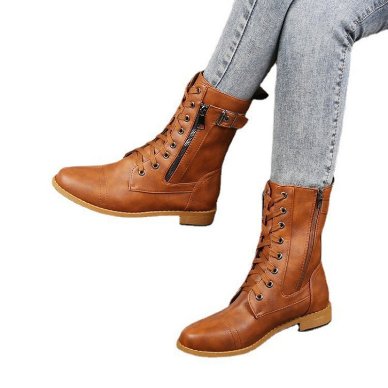 Damen nan knöchelhohe Schnürstiefel aus Lederimitat mit seitlichem Reißverschluss und strapazierfähiger Profilsohle