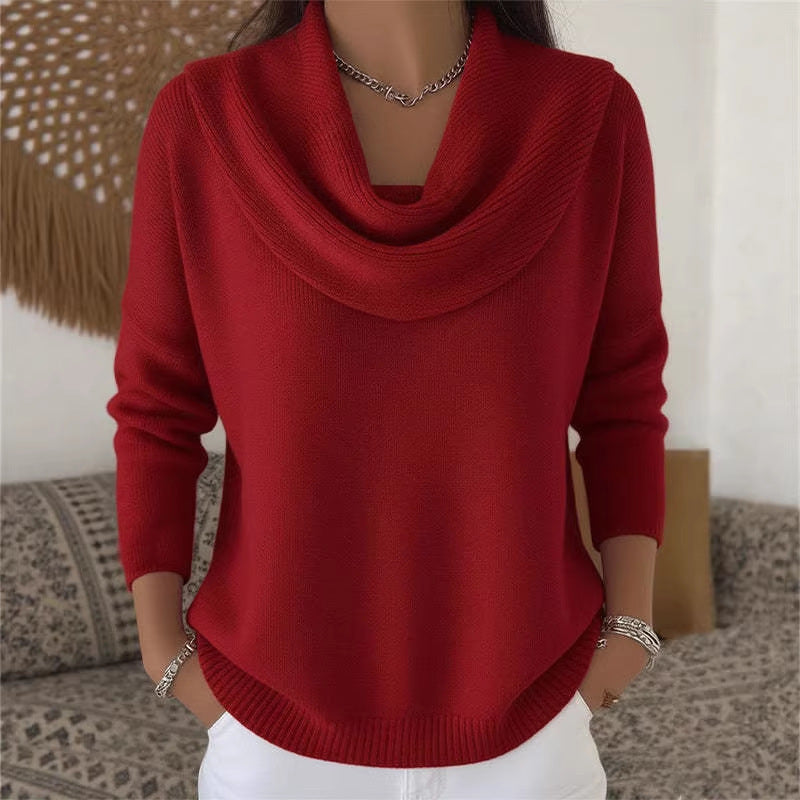 Damen nan fein gestrickter Pullover mit Wasserfallkragen und geripptem Saum