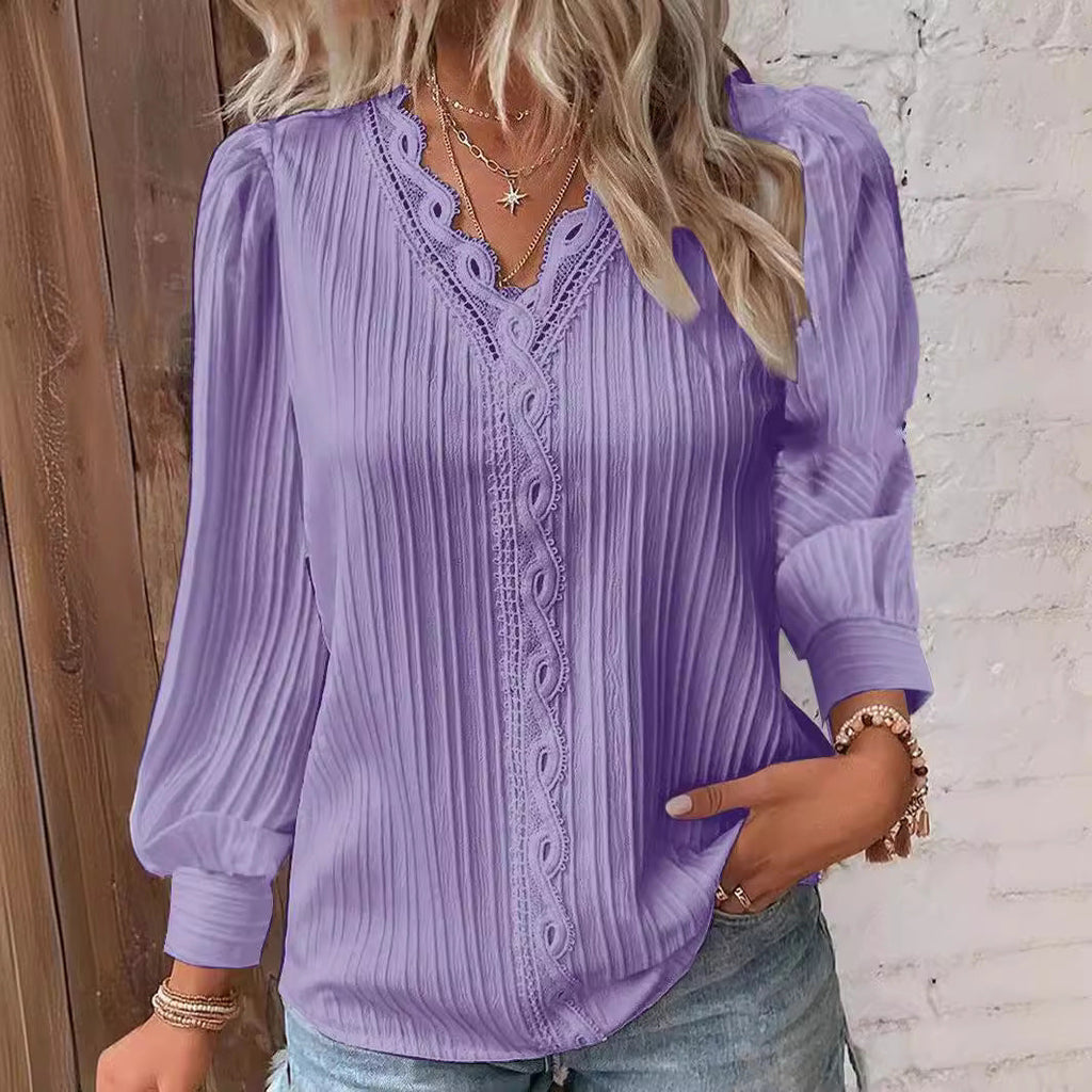 Damen nan romantische V-Ausschnitt Spitzenbluse mit Plissee und Puffärmeln