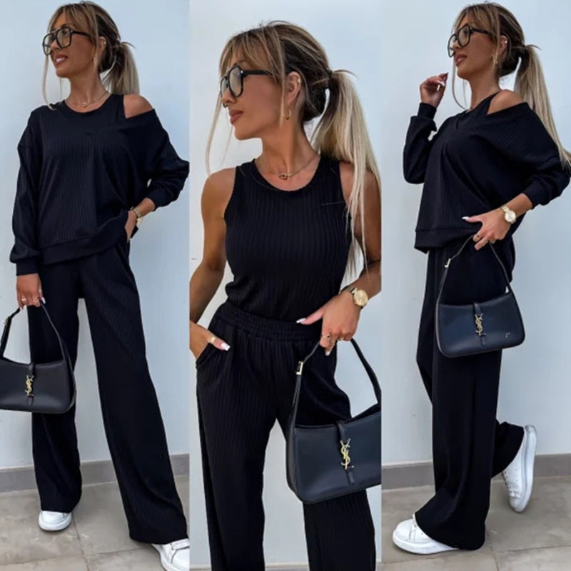 Damen nan elegantes Rippstrick-Zweiteiler Lounge-Set mit einseitigem Schulterfreischnitt und weitem Palazzo-Hosenbein
