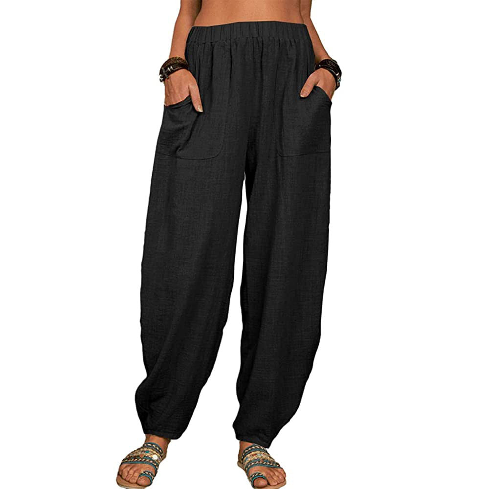 Damen nan lockere Leinenhose mit weitem Bein elastischem Bund und großen aufgesetzten Taschen