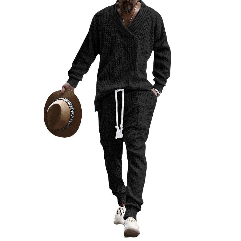 Herren nan gestricktes Lounge-Set mit V-Ausschnitt, Kabelstruktur und Kordelzug-Jogginghose