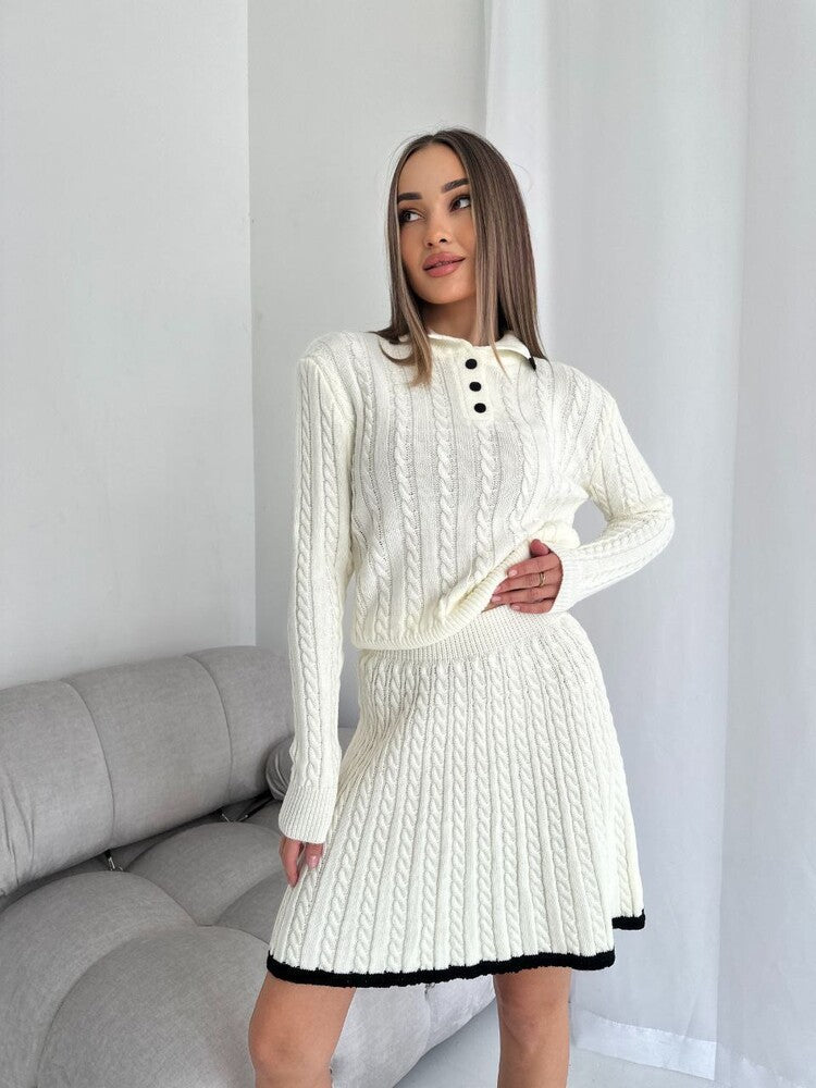 Damen nan Kabelstrick-Set mit Polo-Kragen und ausgestelltem A-Linien-Rock