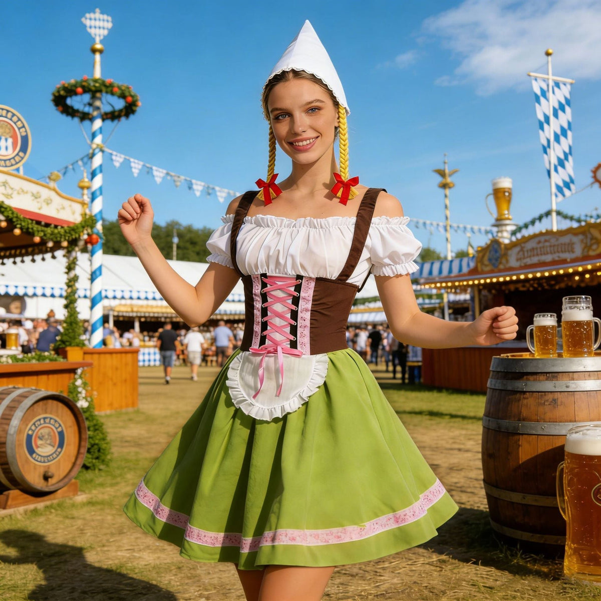 Damen nan traditionelles Dirndl-Kostüm mit Schnürung, Schürze und spitzem Kopftuch