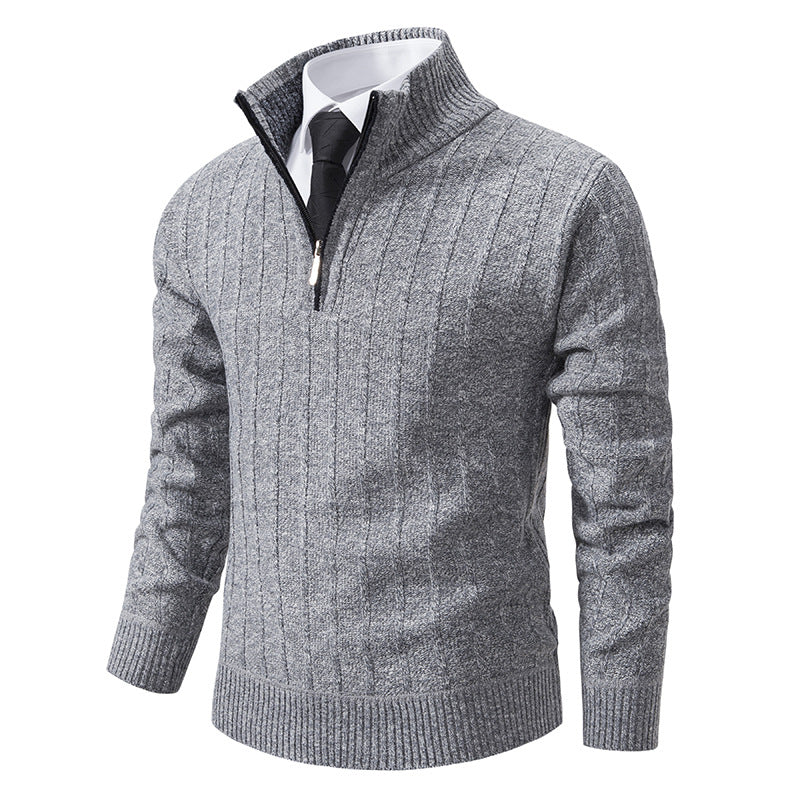 Herren nan Halbzip-Strickpullover mit strukturierter Zopfoptik, wärmendem Stehkragen und schmaler Silhouette