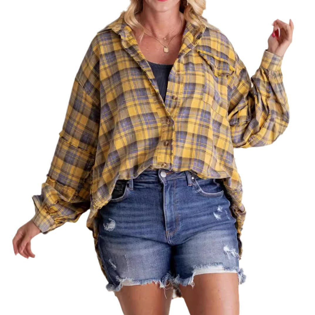 Damen nan oversized Karo-Überhemd mit Fransenbesatz, Brusttaschen und lockerer Passform