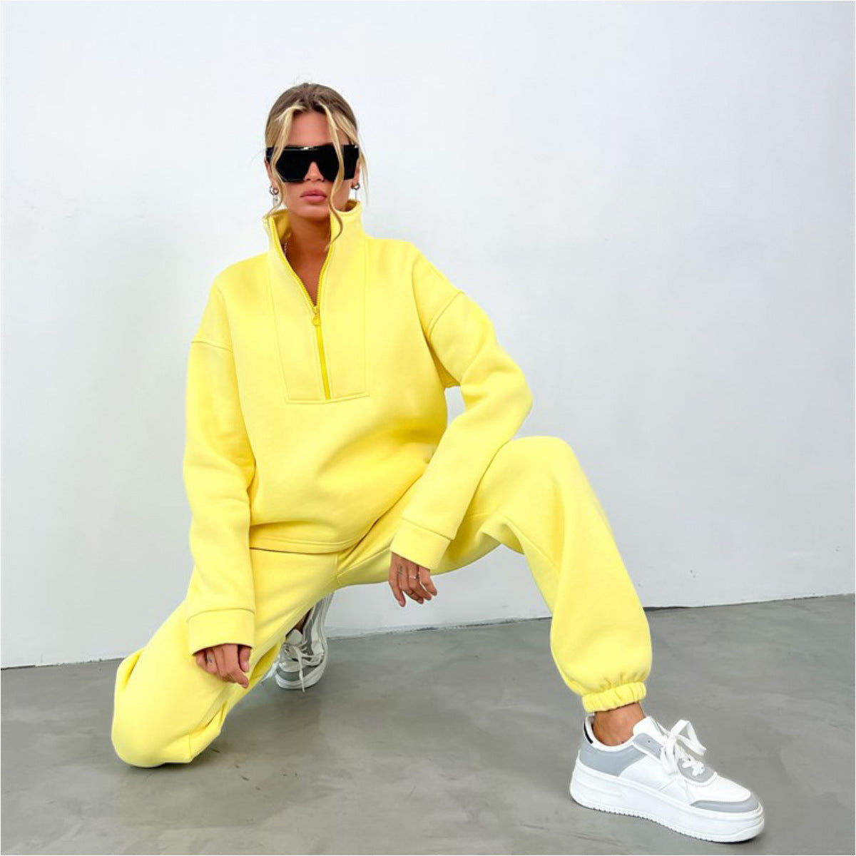 Damen nan weiches Oversize-Halbzip-Loungewear-Set mit hohem Stehkragen und taillierter Jogginghose