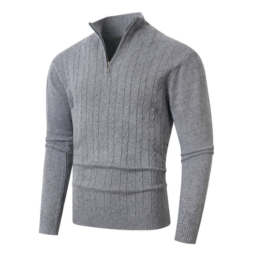 Herren nan gerippter Halbzip-Pullover mit Zopfmuster, Stehkragen und schmaler Passform