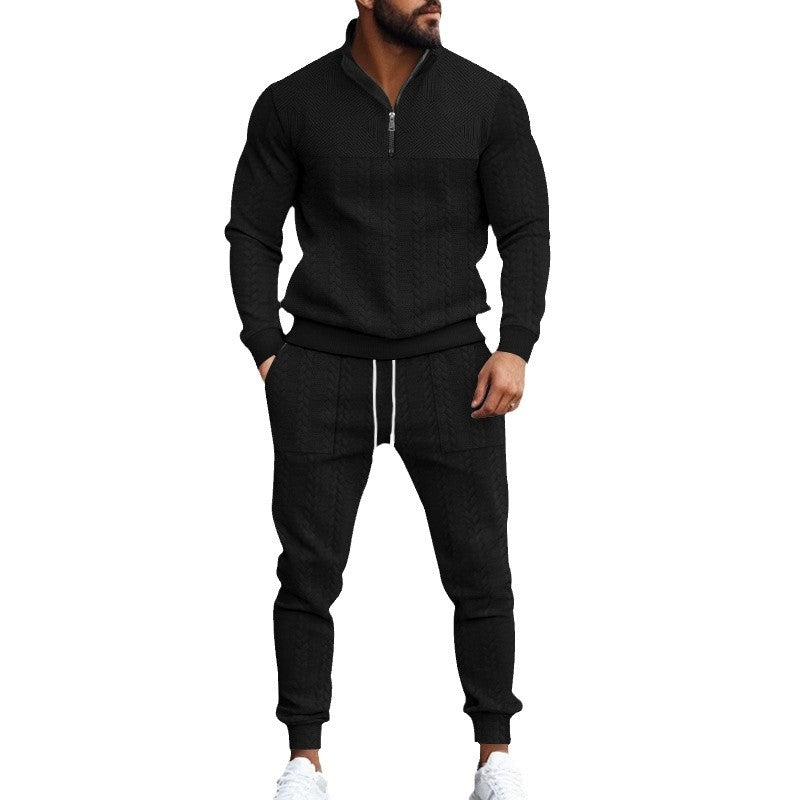 Herren nan Strick-Trainingsset mit halbem Reißverschluss, Zopfmuster-Pulli und Kordelzug-Jogger