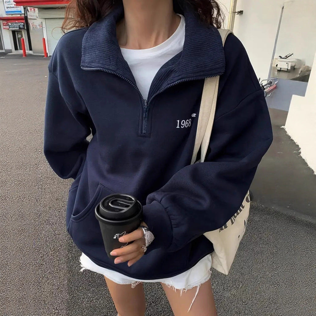 Damen nan oversized Halbzip-Sweatshirt mit hohem Stehkragen, Kängurutasche und lässigem Oversize-Schnitt