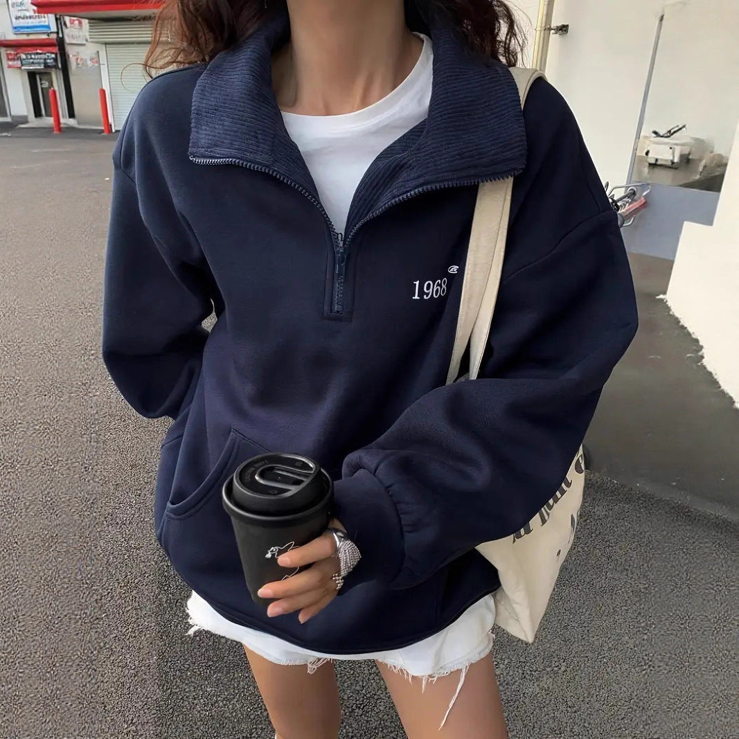 Damen nan oversized Halbzip-Sweatshirt mit hohem Stehkragen, Kängurutasche und lässigem Oversize-Schnitt