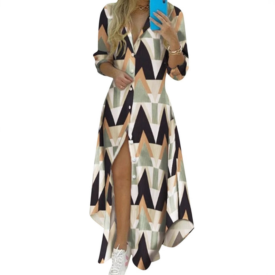 Damen nan knopfbares Maxi-Hemdkleid mit geometrischem Muster, V-Ausschnitt, Kentkragen und hohem Beinschlitz