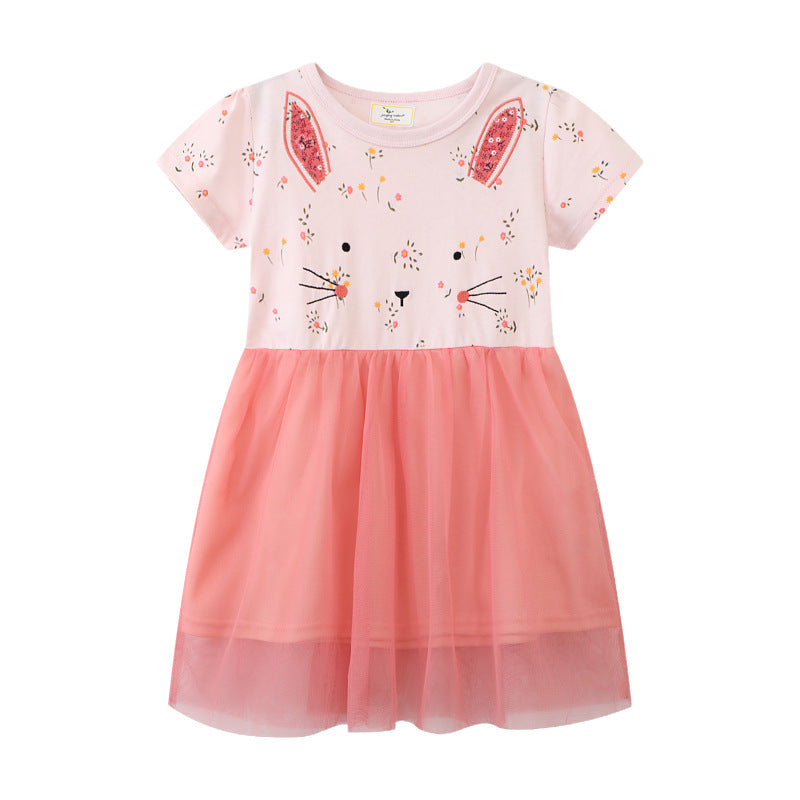 Mädchen Tüllkleid mit Hasenmotiv und floralen Applikationen