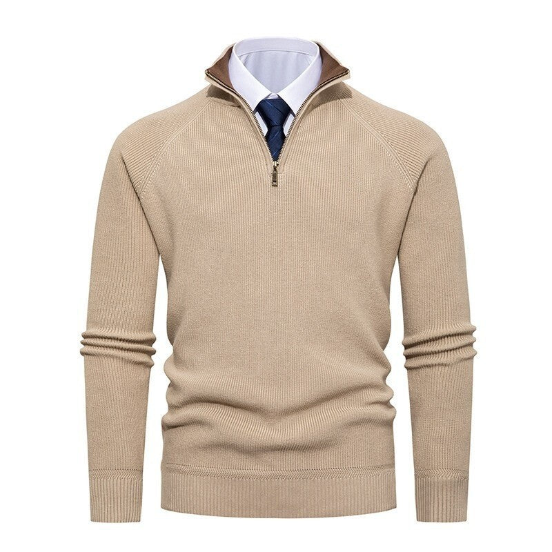 Herren nan feiner Strickpullover mit Halbzip, strukturierter Rippoptik und innen kontrastiertem Stehkragen