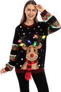 Damen nan weihnachtlicher Strickpullover mit Rentierapplikation integrierter Lichterkette und dreidimensionalem Nasenpompom